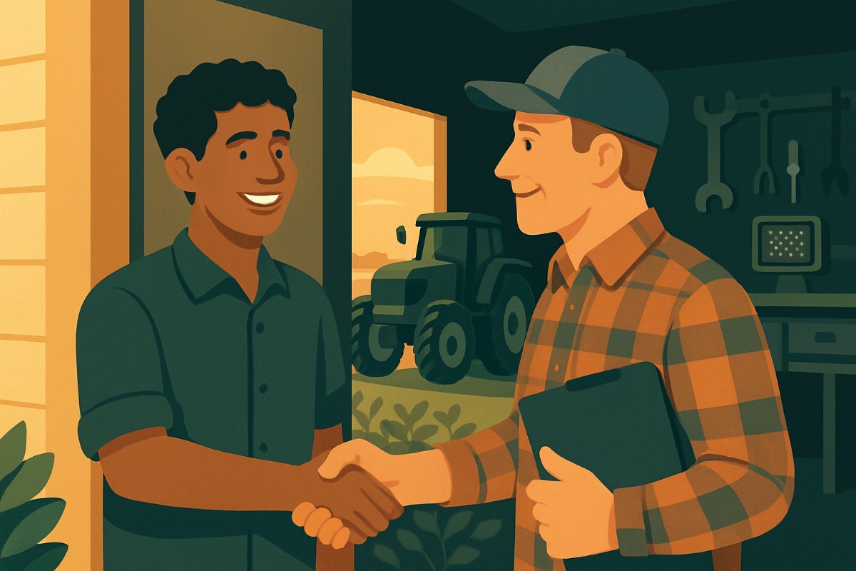 Dois homens se cumprimentam com um aperto de mão na entrada de uma oficina de máquinas agrícolas; um é jovem, de uniforme de trabalho, o outro é mais velho, de boné e camisa xadrez, e ao fundo há um trator verde.