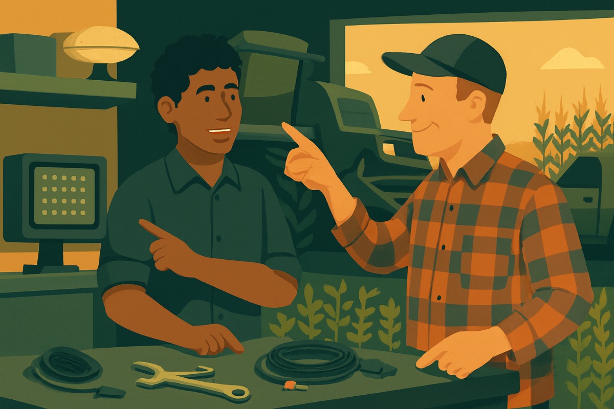 Dois homens diante de uma bancada de oficina cheia de ferramentas; o mais jovem aponta para um monitor de GPS agrícola enquanto o mais velho, de boné, observa e aponta para uma antena na prateleira.