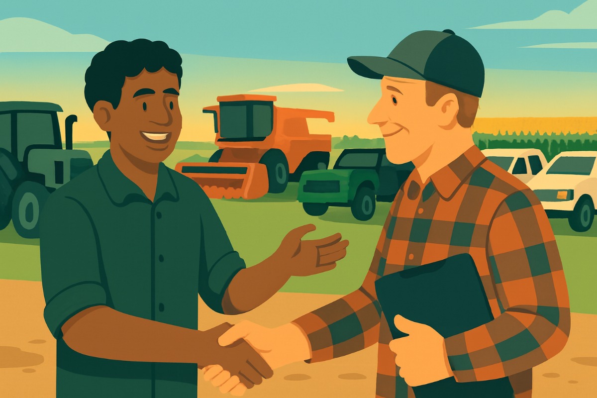 Dois homens no pátio de uma fazenda contando máquinas; ao fundo há tratores verde e azul, uma colheitadeira vermelha pequena e dois caminhões, com lavouras de soja e milho ao longe.