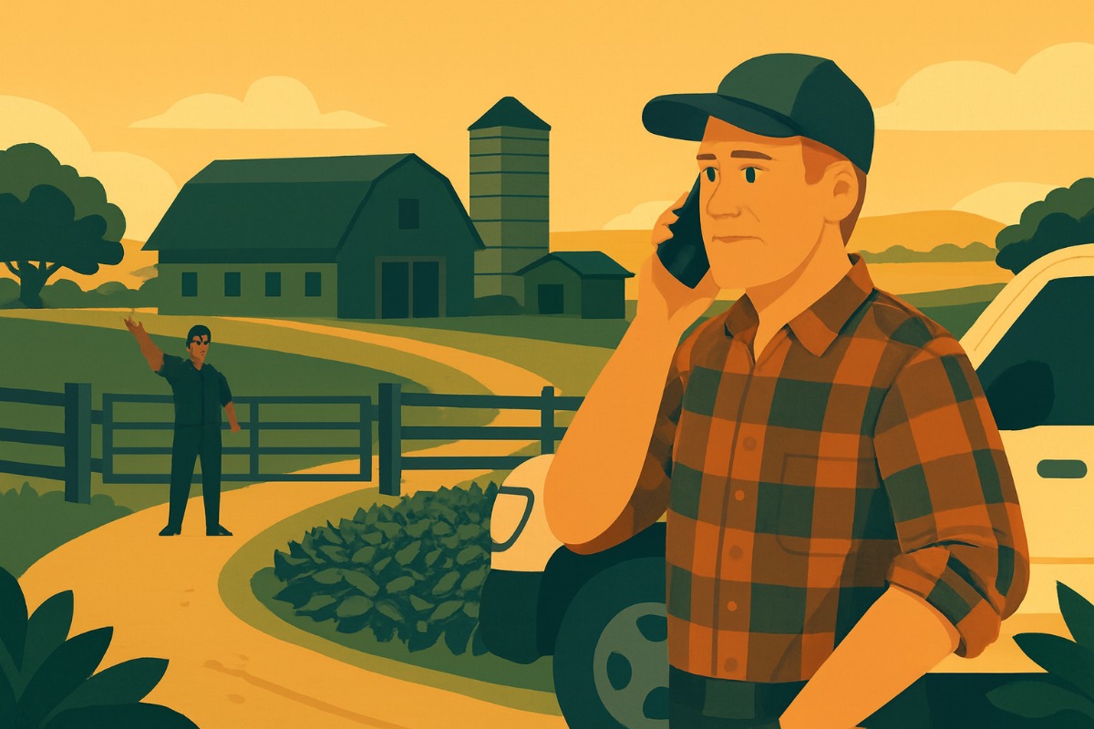 Vista de uma propriedade rural com galpão, silo e porteira ligados por uma estrada de terra; um homem de boné está ao lado de uma caminhonete olhando o celular, e ao longe outro homem aponta a direção.
