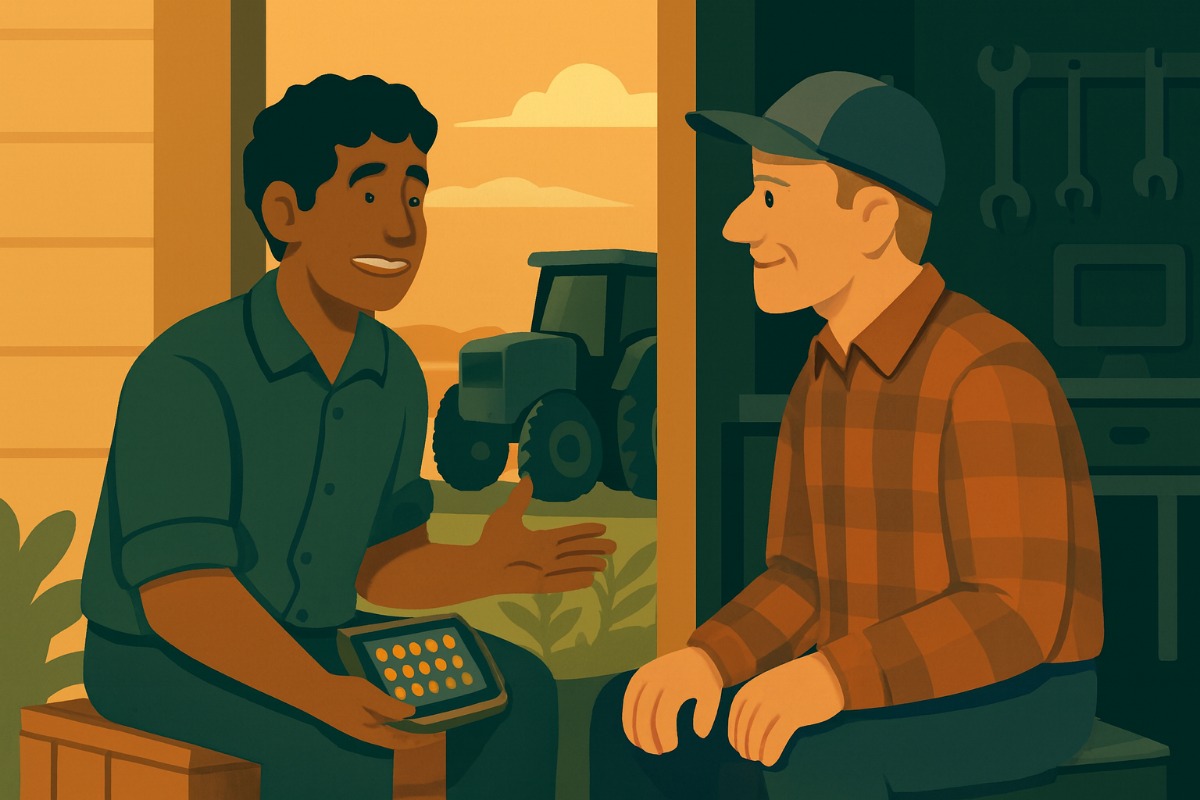 Dois homens conversando sentados em caixotes na porta de uma oficina no fim da tarde; o mais jovem segura um monitor de GPS no colo e um caderno de faculdade ao lado.