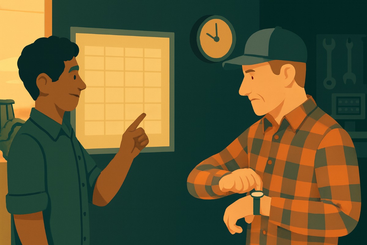 Dois homens diante de um quadro de escala de turnos pendurado na parede da oficina; o mais jovem aponta para uma linha do quadro e o outro confere o relógio de pulso.