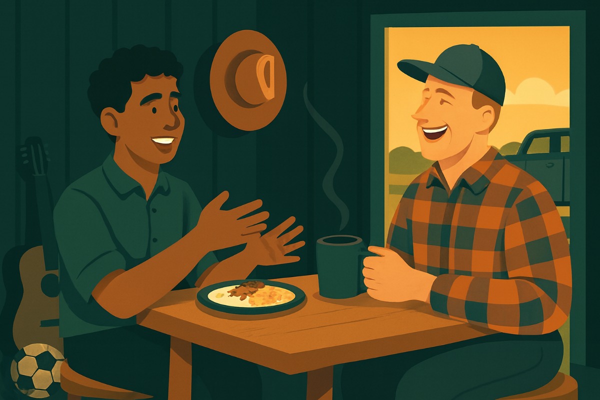 Dois homens almoçando sentados a uma mesa simples num barracão; o mais jovem gesticula animado com uma bola de futebol no chão ao lado e um violão encostado na parede.