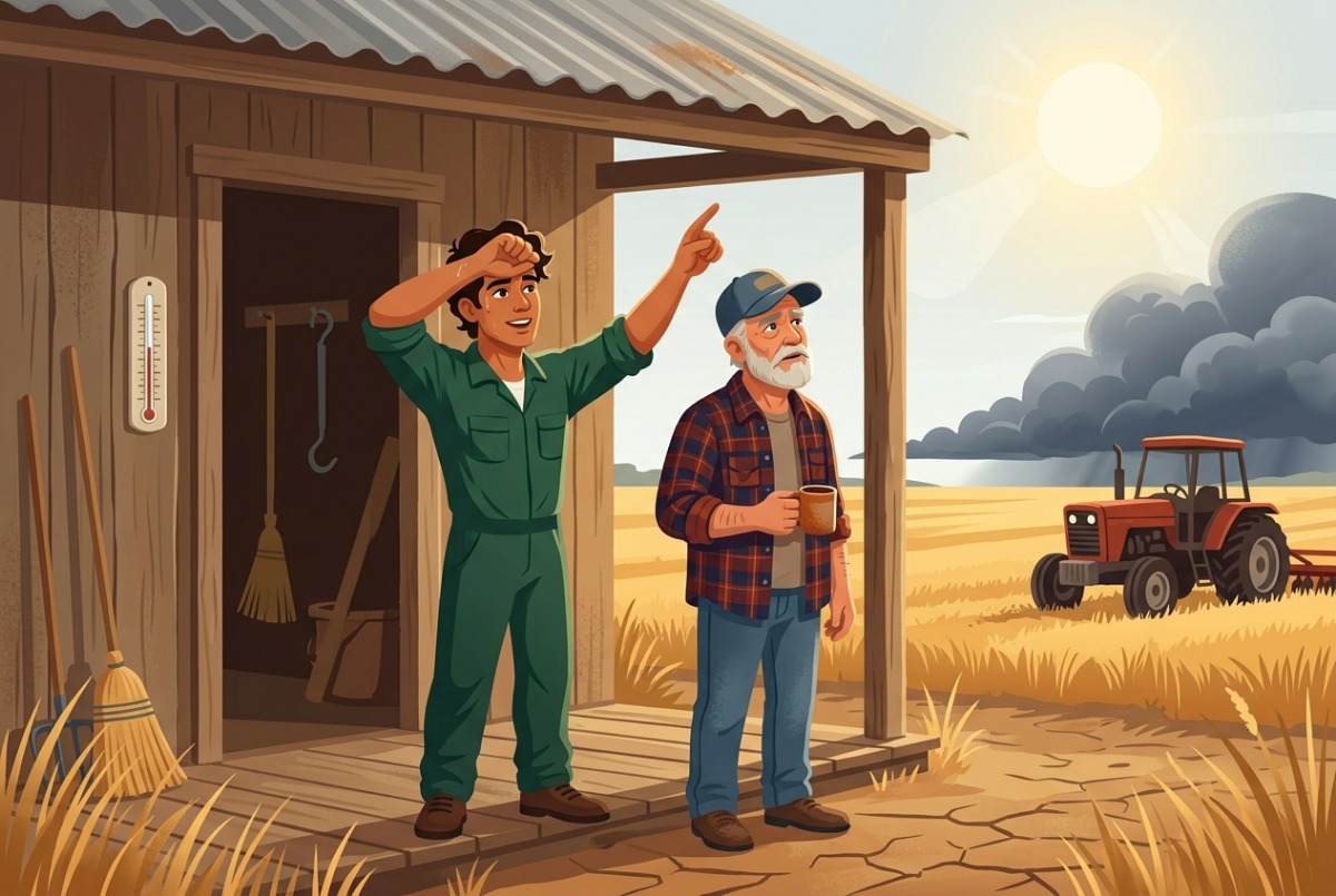 Dois homens na porta de um barracão olhando para um campo seco sob um sol forte, com nuvens escuras se formando ao longe.