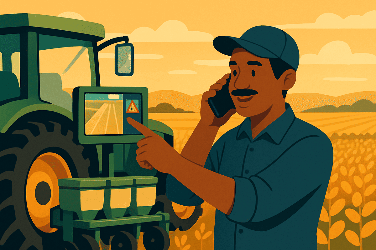 Produtor rural ao lado de um trator com plantadeira, segurando o celular no ouvido e apontando para o monitor de GPS na cabine, que mostra um aviso de erro.
