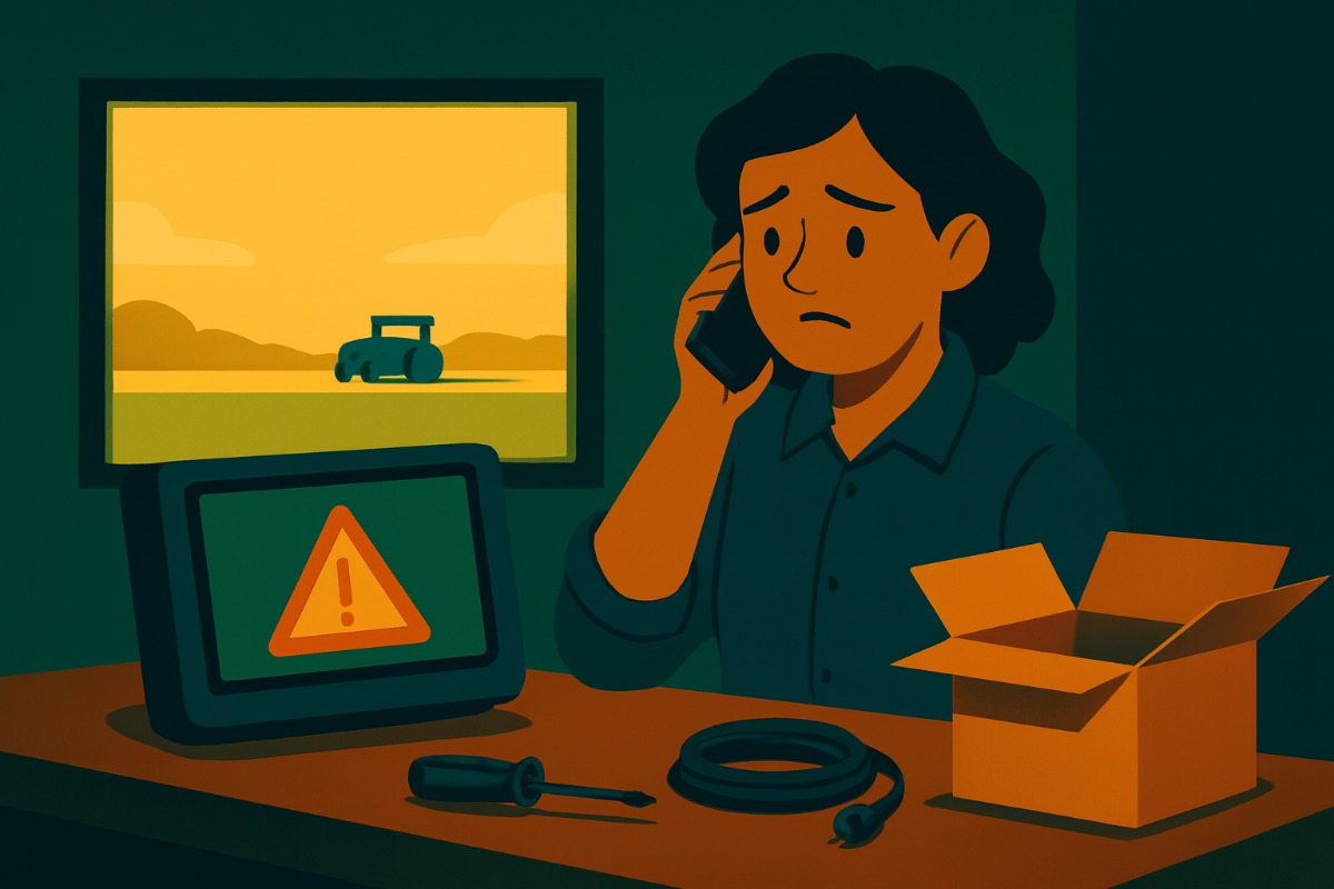 Bancada de oficina de reparo com um monitor de GPS aberto e ferramentas; a técnica está ao telefone, com expressão de quem dá uma notícia difícil, e uma caixa de peça vazia na bancada.