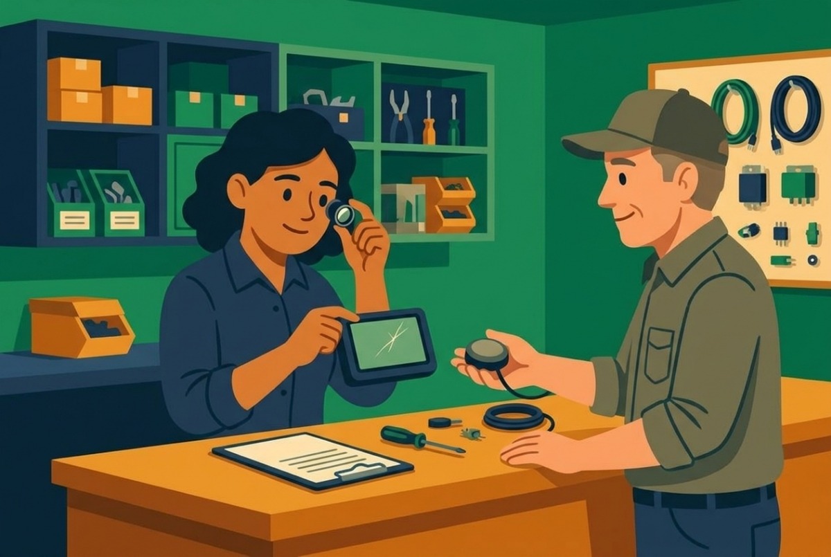 Balcão de recepção de uma oficina de reparo, com a técnica examinando de perto um display de GPS com um pequeno arranhão, enquanto um fazendeiro de meia-idade com boné entrega uma antena redonda; uma prancheta com papéis sobre o balcão.