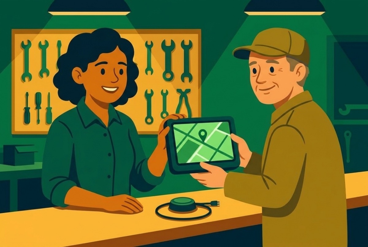 Balcão de uma oficina de reparo; a técnica entrega a um fazendeiro sorridente, de boné, um display de GPS funcionando, com um mapa verde simples na tela; uma antena redonda sobre o balcão e ferramentas organizadas na parede ao fundo.