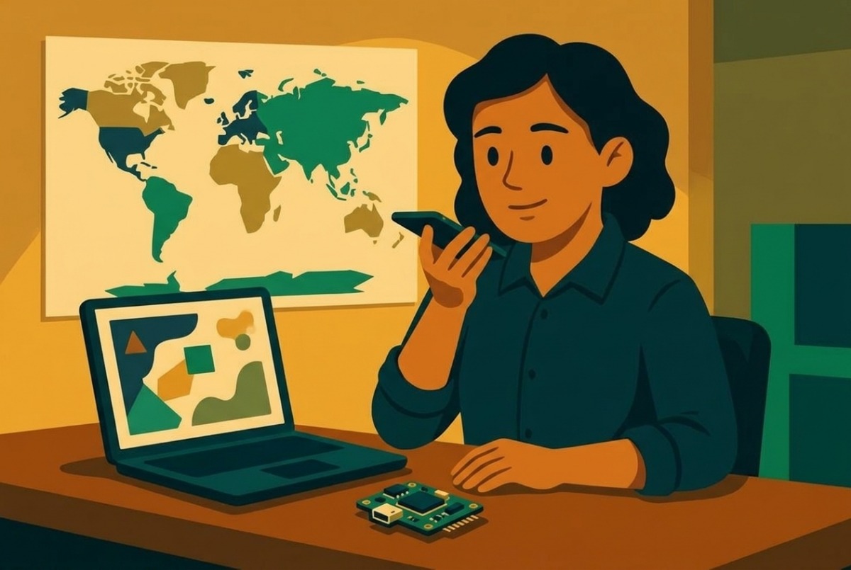 Mesa da oficina; a técnica segura o celular perto da boca gravando uma mensagem de voz; sobre a mesa, uma pequena peça eletrônica de GPS ao lado de um notebook aberto; na parede, um mapa-múndi feito só de formas simples.