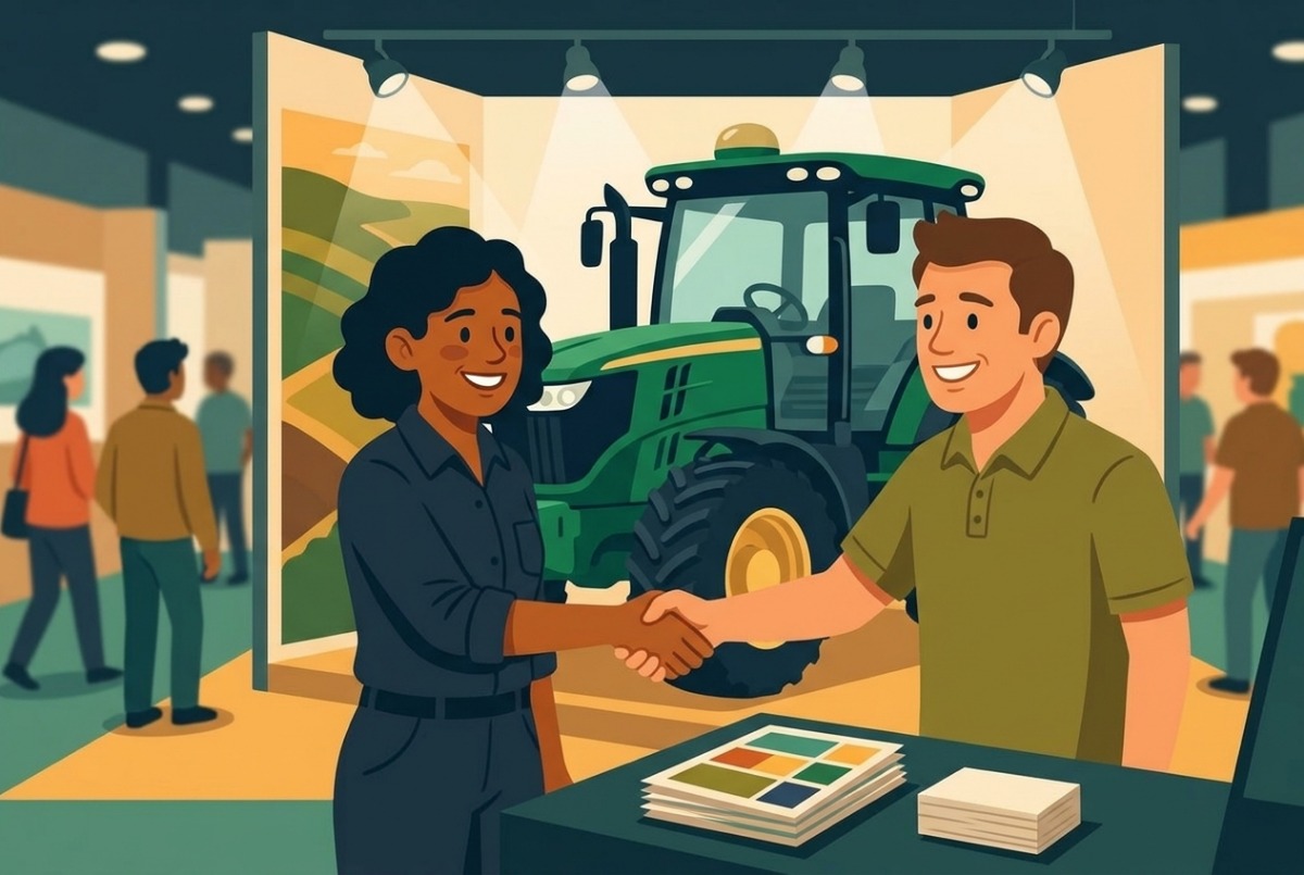Estande de feira agrícola por dentro; a técnica aperta a mão de um homem simpático de polo, com um trator verde com cúpula de GPS no teto exposto atrás deles, e uma mesa com folhetos e cartões de visita em branco.
