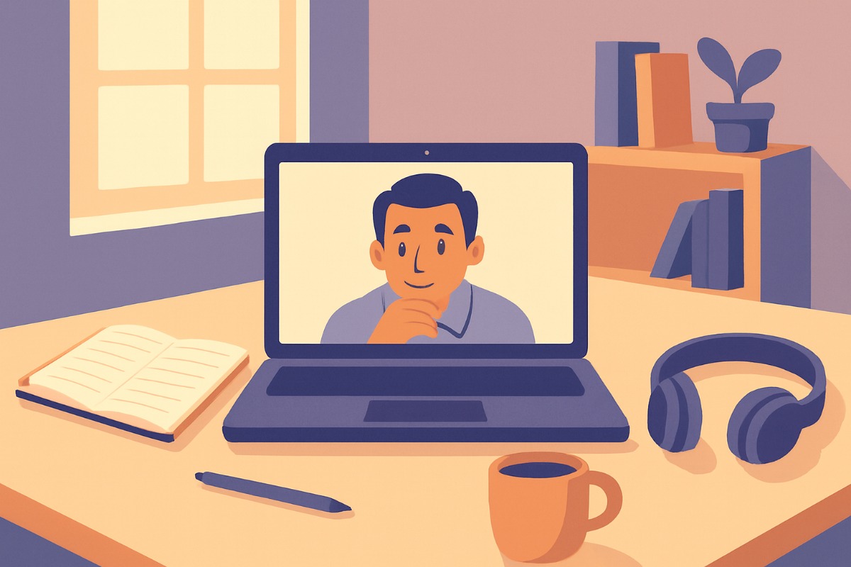 A mesma mesa de home office, agora vista um pouco mais de perto: o notebook mostra o entrevistador atento, com um caderno de anotações aberto ao lado do teclado.