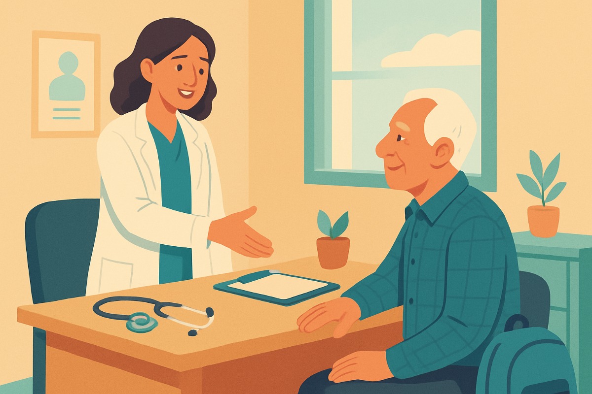 Uma médica de jaleco branco cumprimenta um homem mais velho sentado numa cadeira de consultório; sobre a mesa há um estetoscópio e uma prancheta.