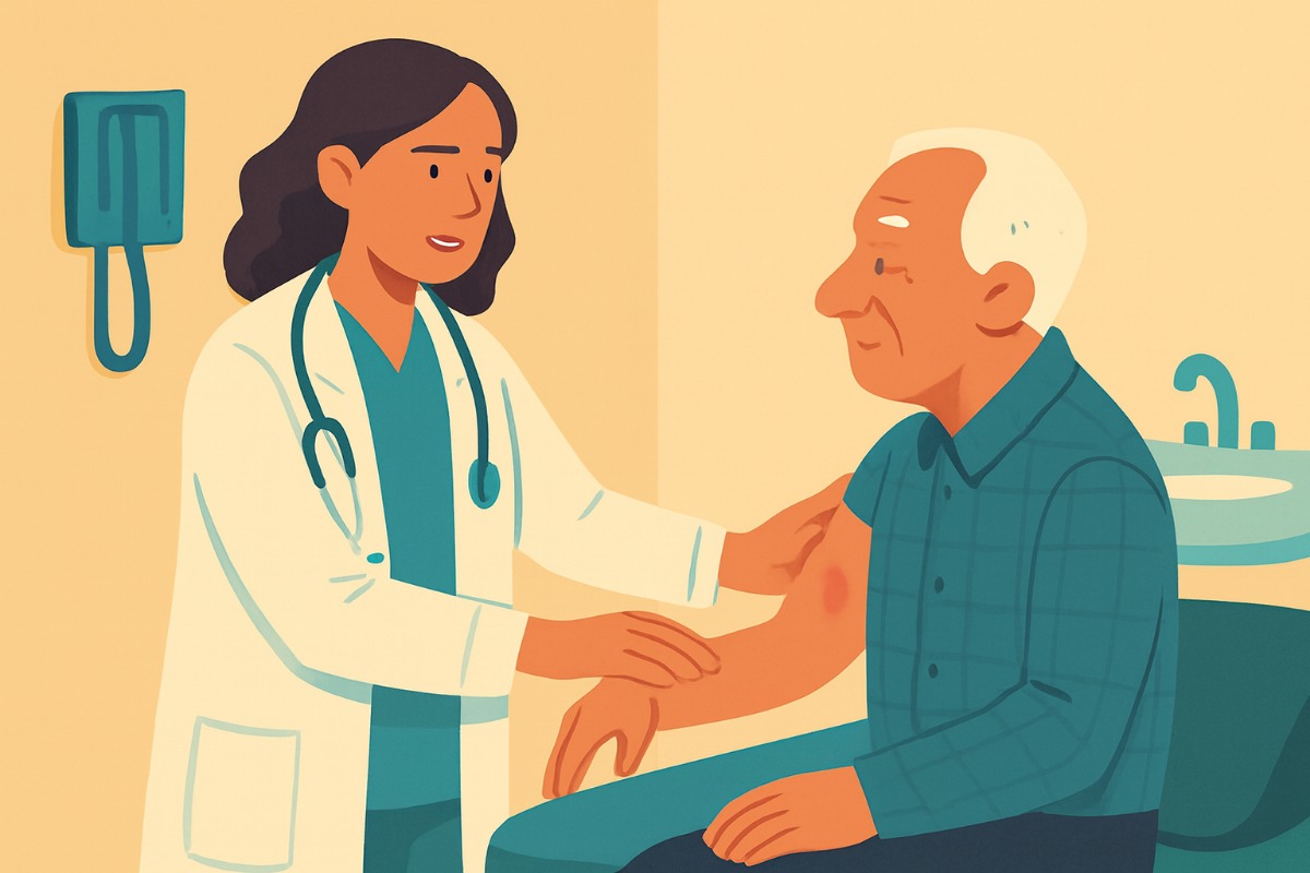Uma médica de jaleco branco examina o braço inchado de um paciente sentado na maca, que aponta para uma mancha avermelhada na pele.