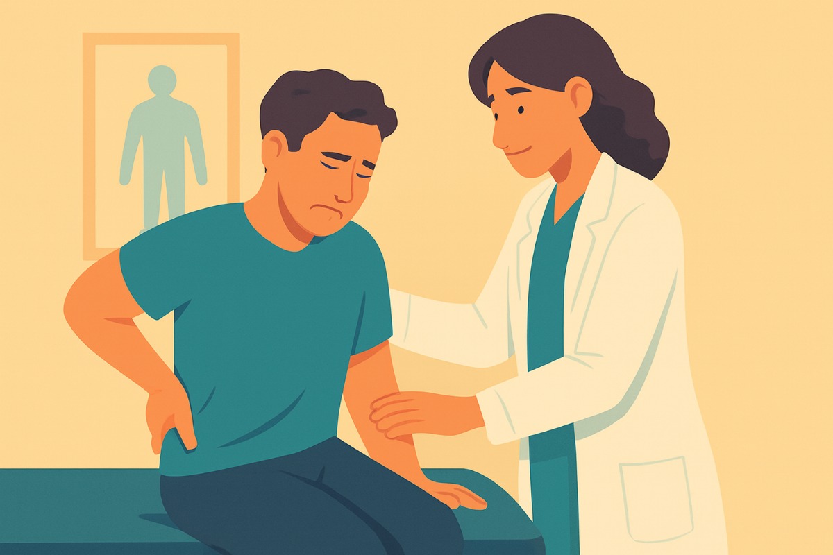 Um homem sentado na maca aponta para a região lombar enquanto a médica, de jaleco, observa com a mão apoiada nas costas dele.