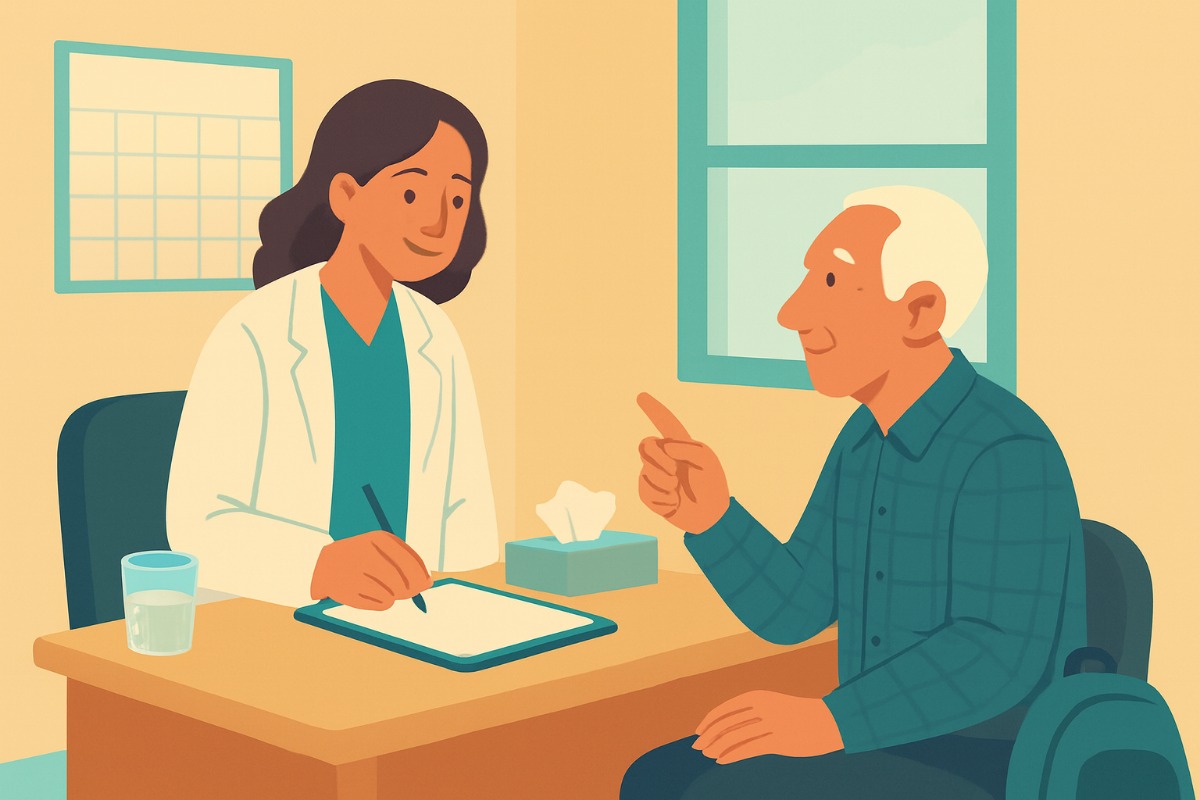 Uma médica anota numa prancheta enquanto conversa com um paciente sentado à mesa do consultório; ao fundo há um calendário de parede em branco.