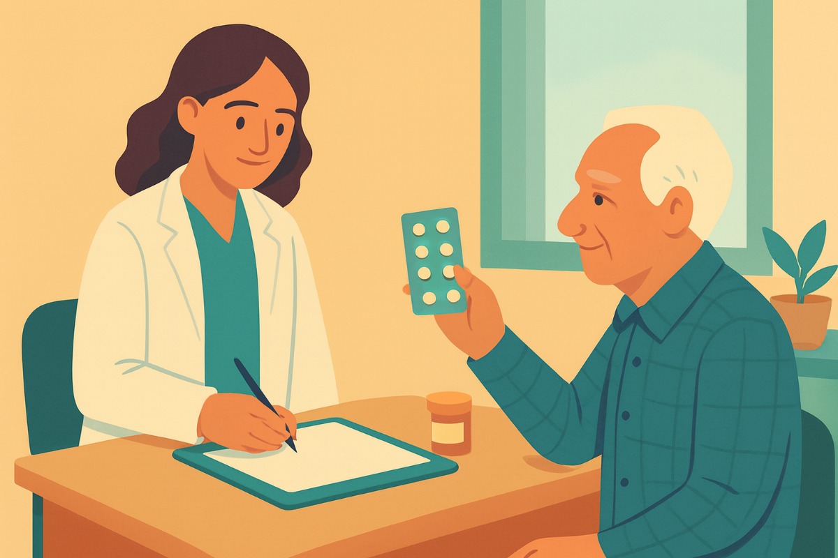 Um paciente mostra uma cartela de comprimidos à médica, que anota numa ficha; sobre a mesa há uma pasta com papéis antigos.