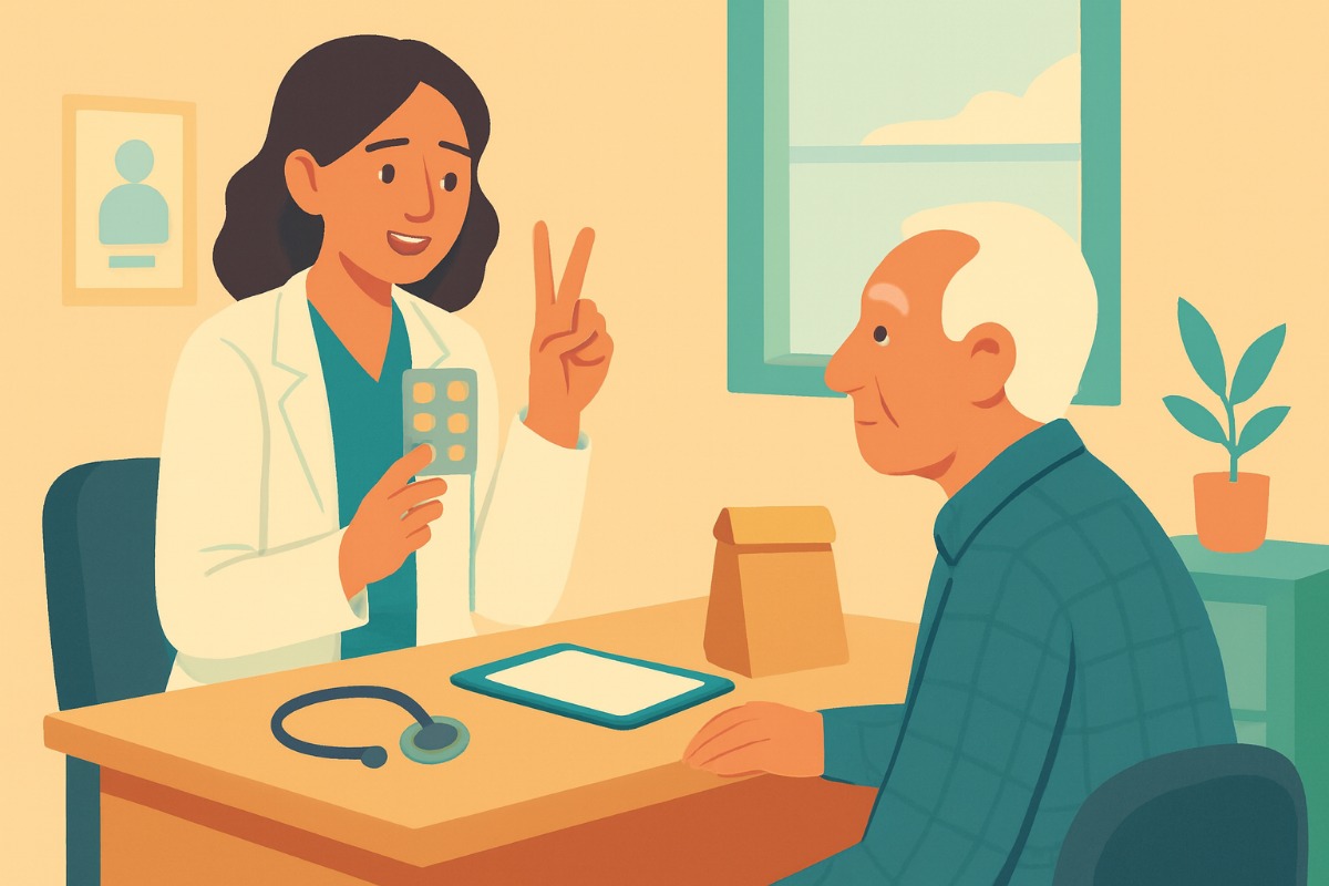A médica mostra uma cartela de comprimidos a um paciente e ergue dois dedos indicando a frequência; o paciente acompanha com atenção.