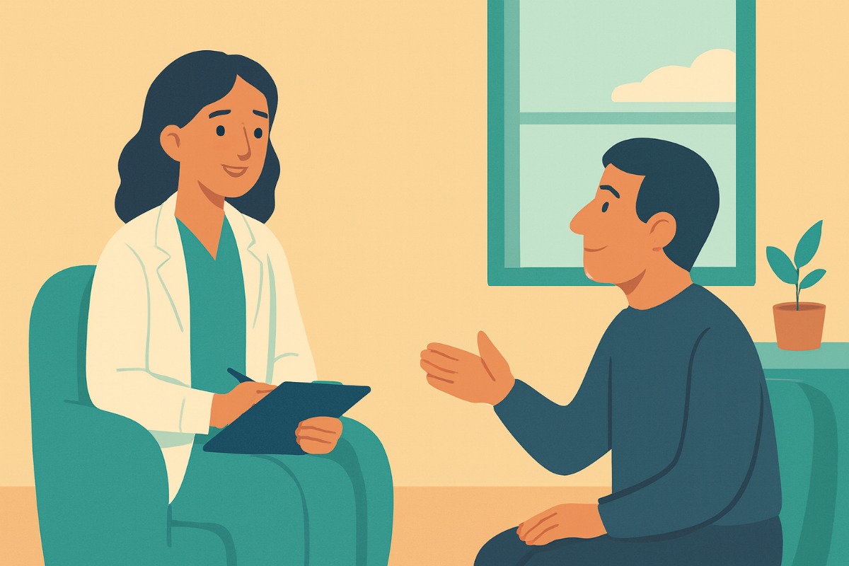Médica e paciente conversam tranquilamente frente a frente em poltronas, sem mesa entre eles; ao lado, uma janela com luz do fim de tarde.
