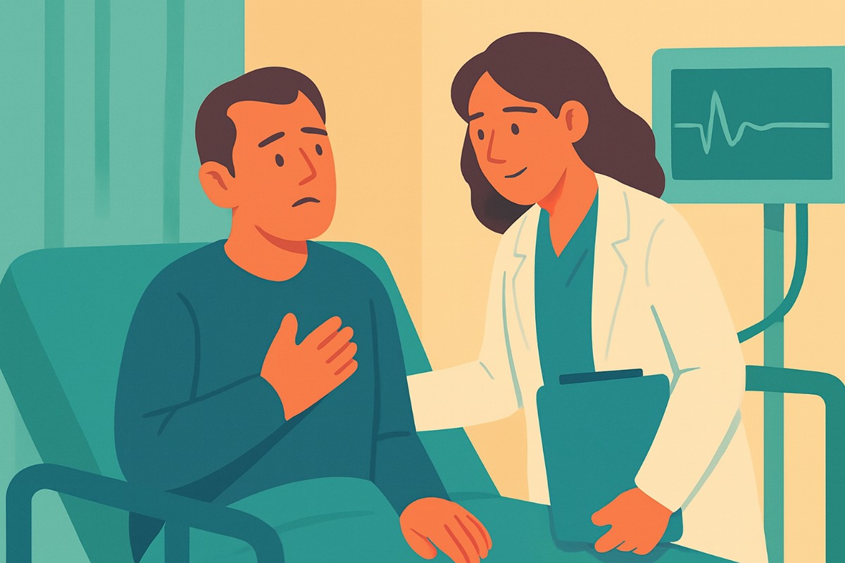 Numa sala de emergência, a médica se inclina ao lado da maca onde o paciente está sentado com a mão no peito; ao fundo, um monitor com linhas simples.