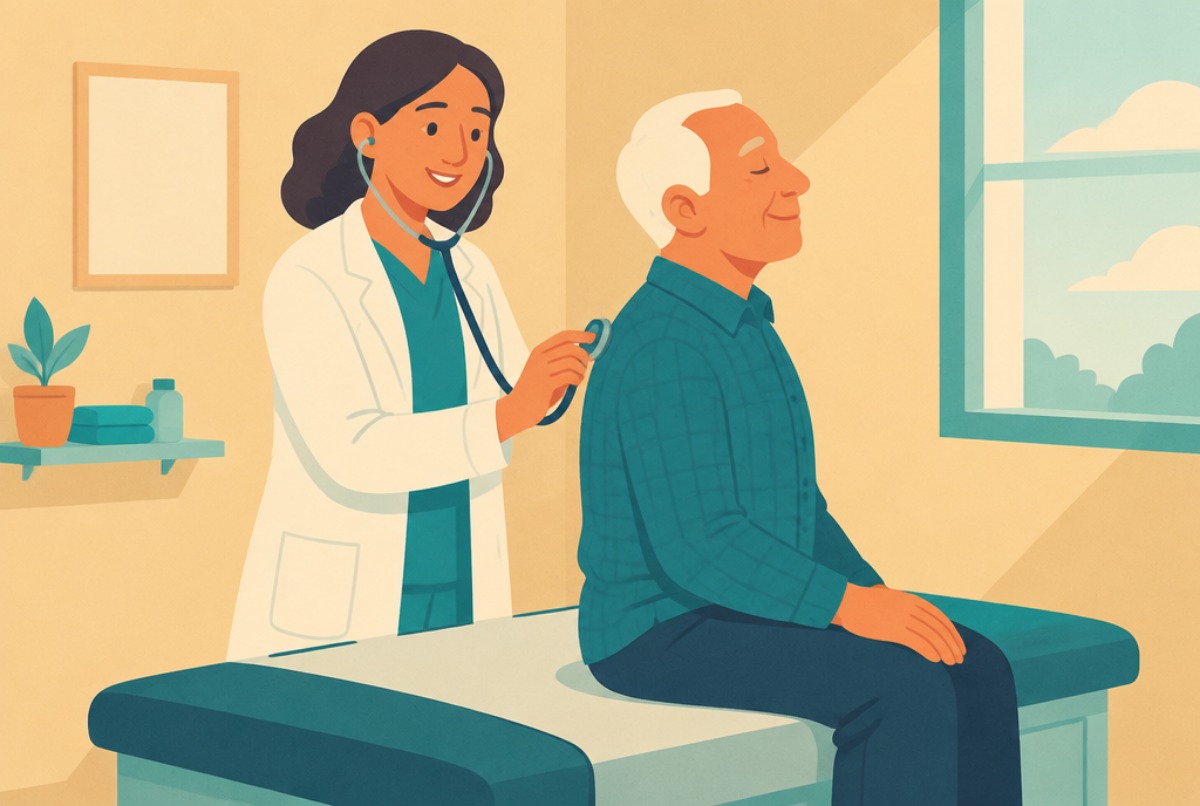 Uma médica ausculta o tórax de um paciente sentado na maca com o estetoscópio, enquanto ele respira fundo com os olhos fechados.