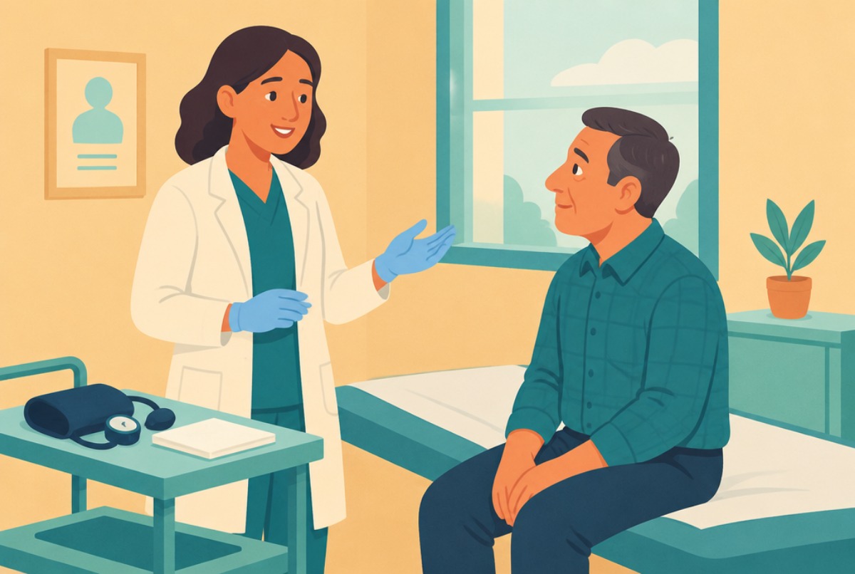 Uma médica com luvas explica algo com a mão erguida antes de examinar um paciente sentado na maca, que a observa com atenção.