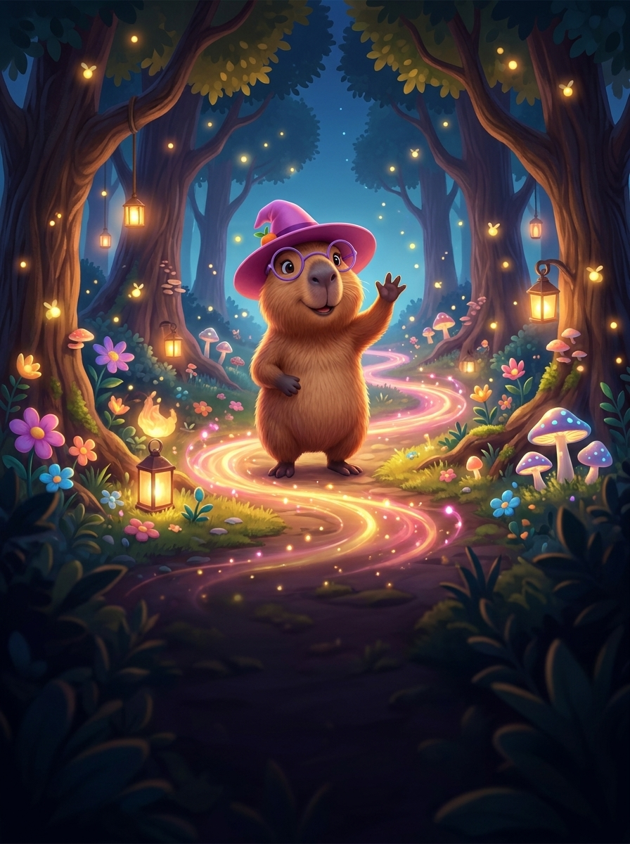 Yara, a capivara de chapéu rosa, dá boas-vindas em uma trilha de floresta iluminada.
